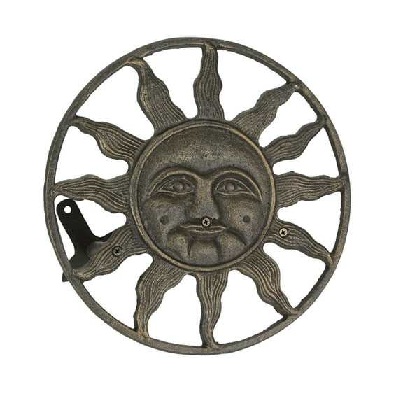 Zeckos Cast Iron Sun Face Wall Mounted Garden Hose Hanger Garden Decor