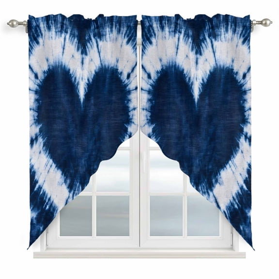 Blue Love Heart Kitchen Window Curtains, Swag Curtains Valance for Bedroom Living Room Bathroom, Boho Ethnic Modern Funny Tie Dye Art Rod Pocket Window Treatment Curtain Block Drapes 2 Panels 36"x36"