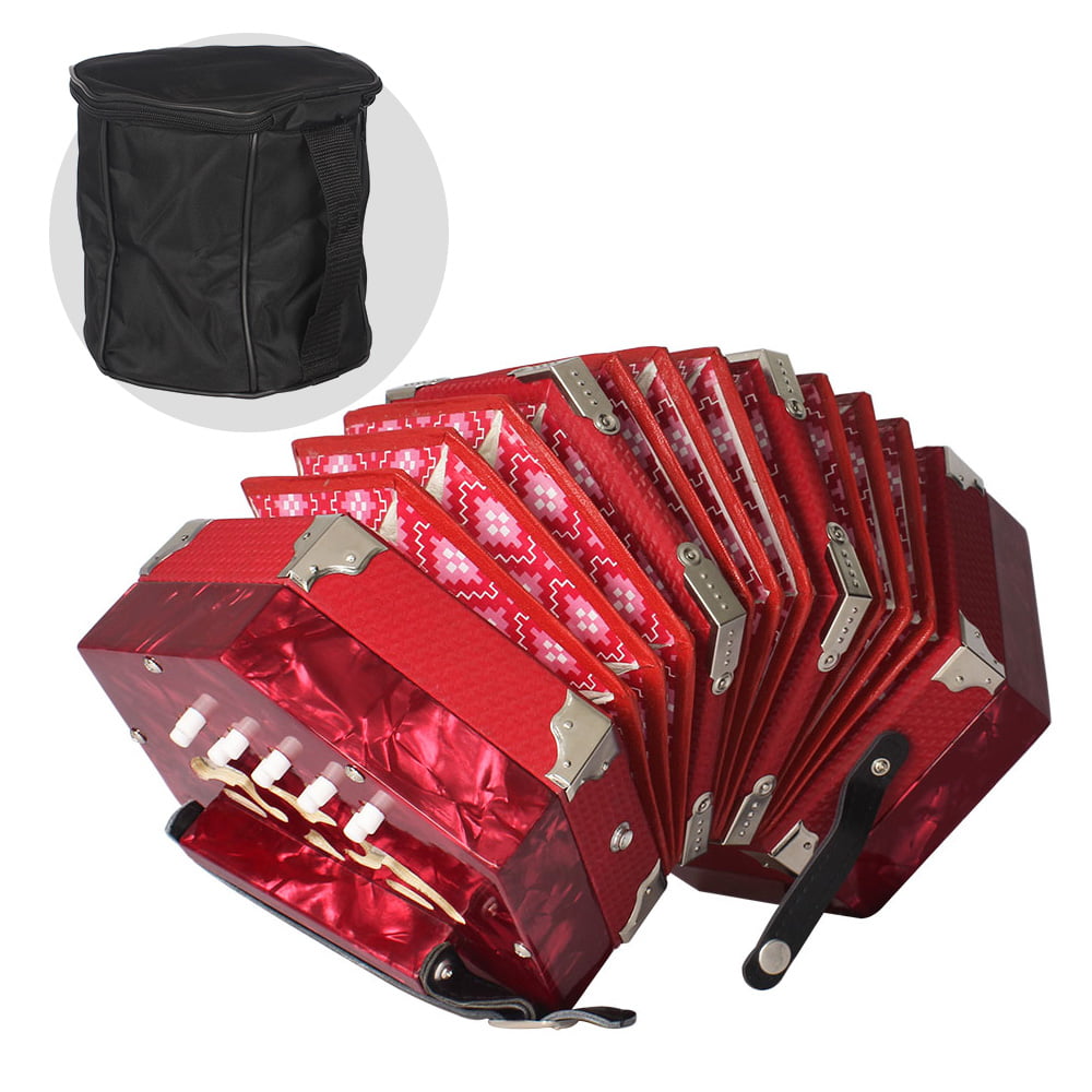 Red Professional Concertina 20 Buttons Accordion with Strap and Carrying Bag Beginner Musical Instrument for Daily Practice Stage Performance