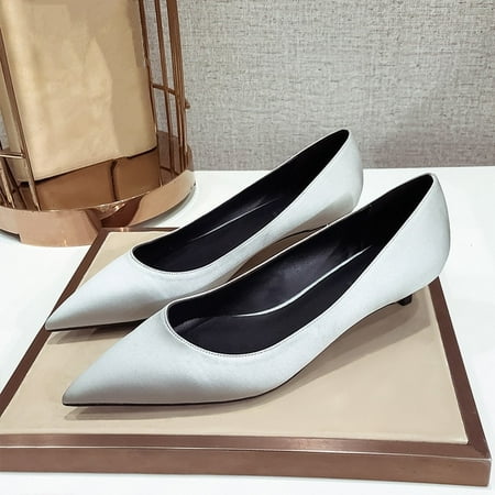 

YCNYCHCHY Female Silk Pumps Big Size Women Red navy Blue Sliver Fashion Office Work Wedding Party Shoes Ladies Low High Heels Autumn