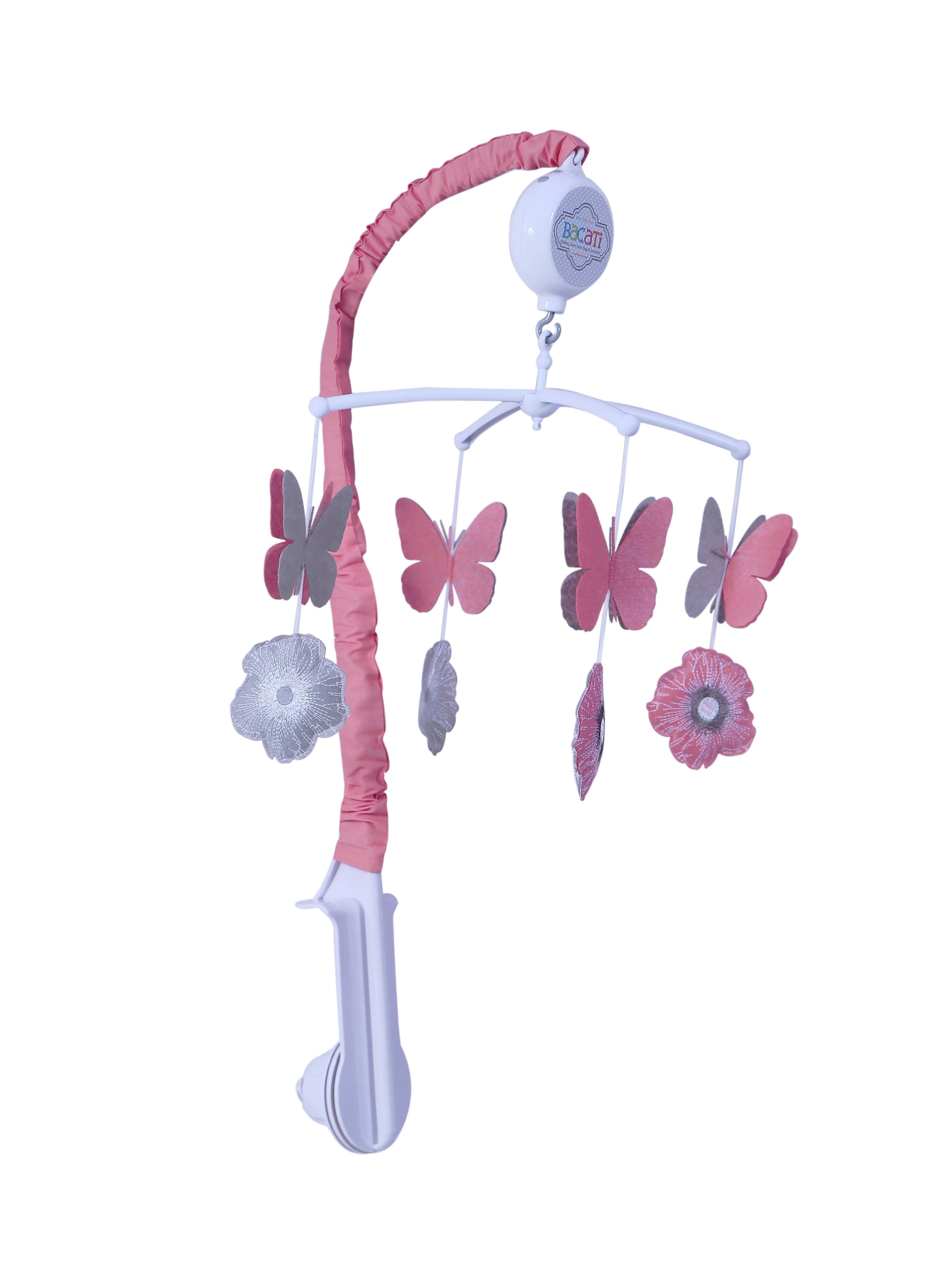 Bacati - Watercolor Flowers Coral Gray Musical Baby Crib Mobile