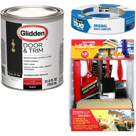 Glidden Door & Trim Paint Black High Gloss Interior/Exterior 1 Quart with ScotchBlue Painters Tape Original Multi-Use, .94in x 60yd(24mm x 54,8m (Best Sprayer For Doors And Trim)