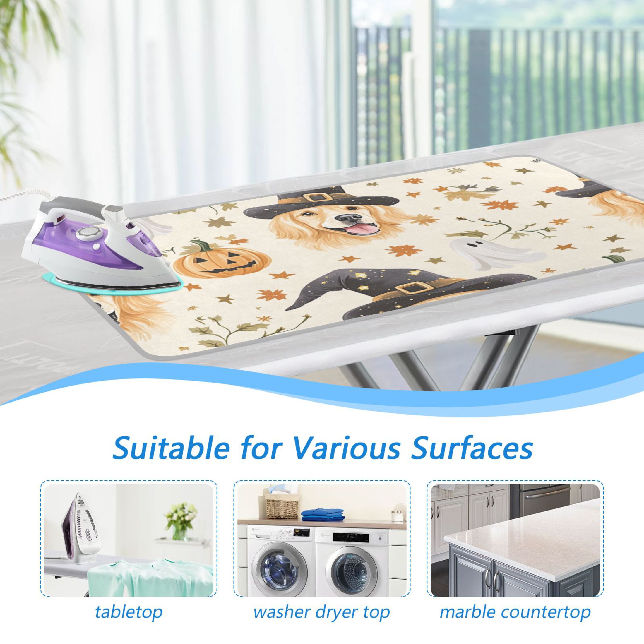 Halloween Magical Dog Pumpkins Stars Leaves Specters Ironing Mat Blanket Portable Travel Ironing Pad Heat Resistant Pad 47.2" x 27.6”