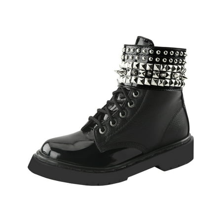 Womens Short Combat Boots Lace Up Studded Cuff Black Vegan Shoes 1 1/4 In Heel