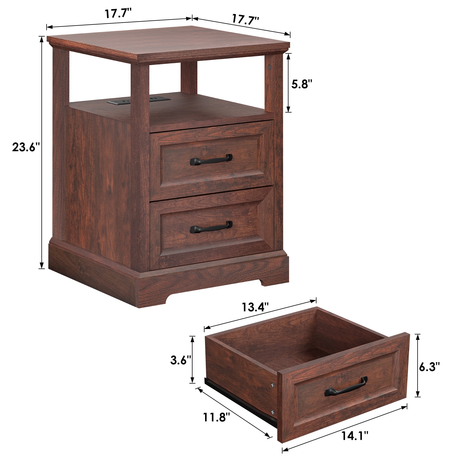Hommpa Farmhouse End Tables for Living Room, Nightstand with Charging Station, Rustic Sofa Side Table with 2 Drawers and Storage Shelf, Bedside Cabinet for Bedroom, Brown