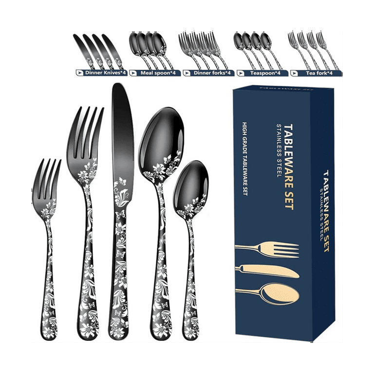 20-Piece Set, Stainless Steel Silverware Cutlery Set for 4, Unique Pattern Design, Includes Dinner Knives, Other