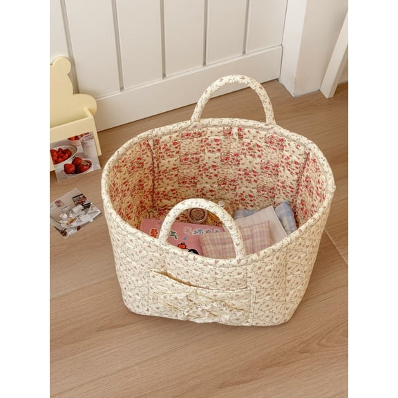 Vintage Toile Quilted Storage Basket, Large Fabric Organizer with Handles, Checkered Lining & Decorative Pocket for Laundry, Blankets & Toys
