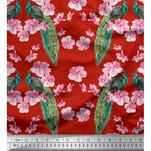 Soimoi Crepe Silk Fabric Floral & Peacock Bird Print Fabric by Yard 42 Inch Wide