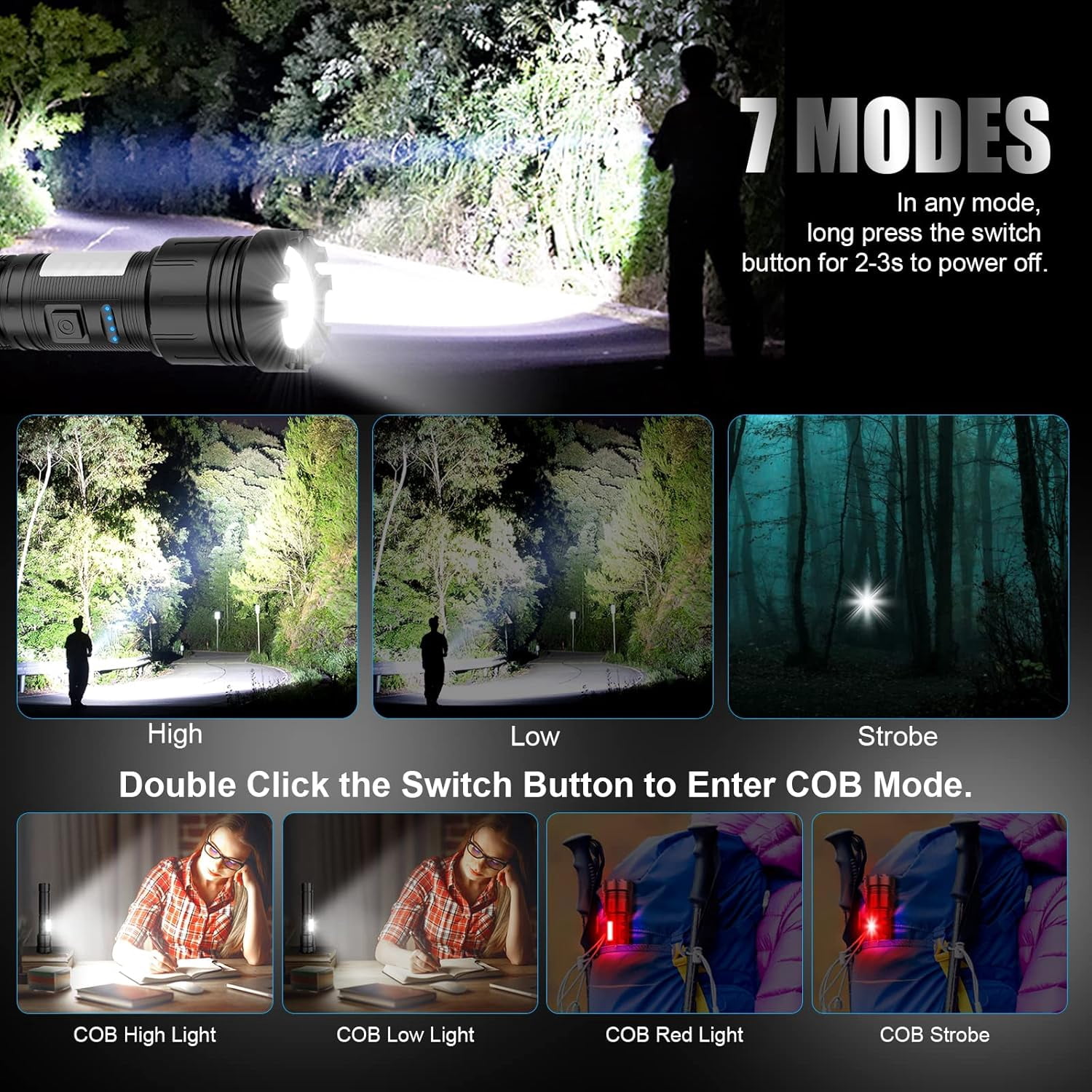 Super Bright 10000LM LED Flashlight - Magnetic, Rechargeable, 7 Modes & Zoomable - COB Side Light for Outdoor, Emergency Kits, Night Fishing, Camping,Hiking