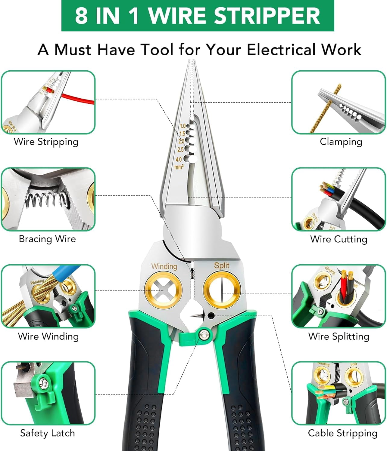 ABCISI 8-in-1 Wire Stripper, Multifunctional Wire Stripper Crimper Cable Cutter Pliers, Professional Wire Cutters Electrical Wire Crimper, Wiring Tools, Electrician, HVAC, Car Repair Tool