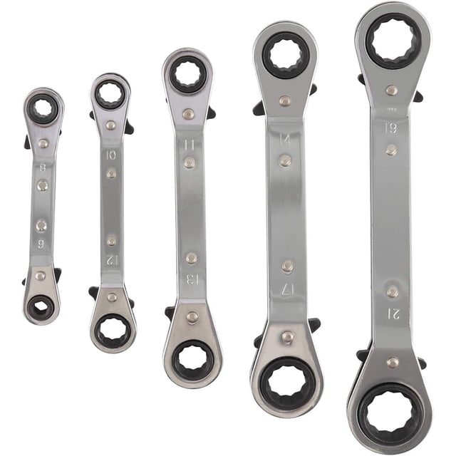 Reversible Ratcheting Wrench Set, Heat Treated Chrome Vanadium Steel For General Repairs, Double Box End Tools With Quick Reverse Action In Confined Spaces, 5-Piece