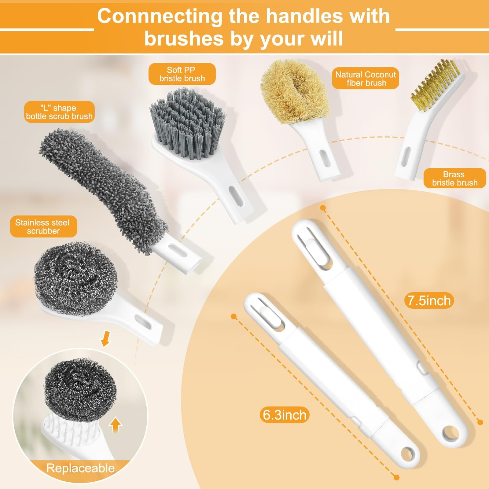 Dish Brush Set Of 6 With Holder, Kitchen Counter Cleaning Brush Set,Easy Storage,Kitchen Scrub Brushes With Non-Slip Long Handle For Cleaning, Scrubber, Dishwashing, Dishes, Bottles, Cups, Pots,White
