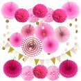 thumbnail image 1 of Decoración de fiesta, 21 piezas de abanicos de papel colgantes de color rosa, flores de pompones, guirnaldas de lunares y banderines triangulares para fiestas de cumpleaños, novias, 1 of 5