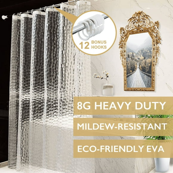 ComfiTime Doublure de Rideau de Douche Transparente / Doublure de Douche 8 g Robuste Résistante à la Moisissure/moisissure avec Aimants Pondérés, Vinyle 100 % EVA, Oeillets en Laiton Antirouille, 12 Crochets Bonus, Imperméable, 72 Pouces x 72 Pouces, Transparente