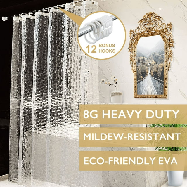 ComfiTime Revestimiento Transparente para Cortina de Ducha | Resistente al Moho y Hongos, 8 G con Imanes, Vinilo 100 % EVA, Ojales de Latón, 12 Ganchos, Impermeable, 72 x 72, Transparente