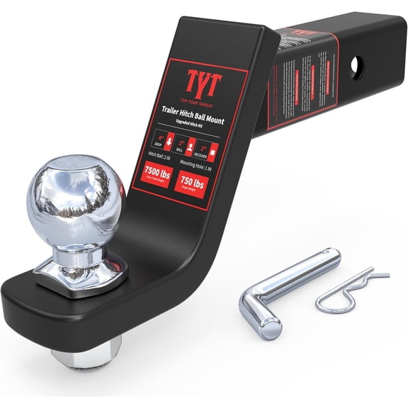 RONGTUO Trailer Hitch Ball Mount Kit, 4-Inch Drop, Fits 2-Inch Receiver, 2" Ball, with 5/8" Hitch Pin Clip, 7,500 lbs GTW / 750 lbs TW