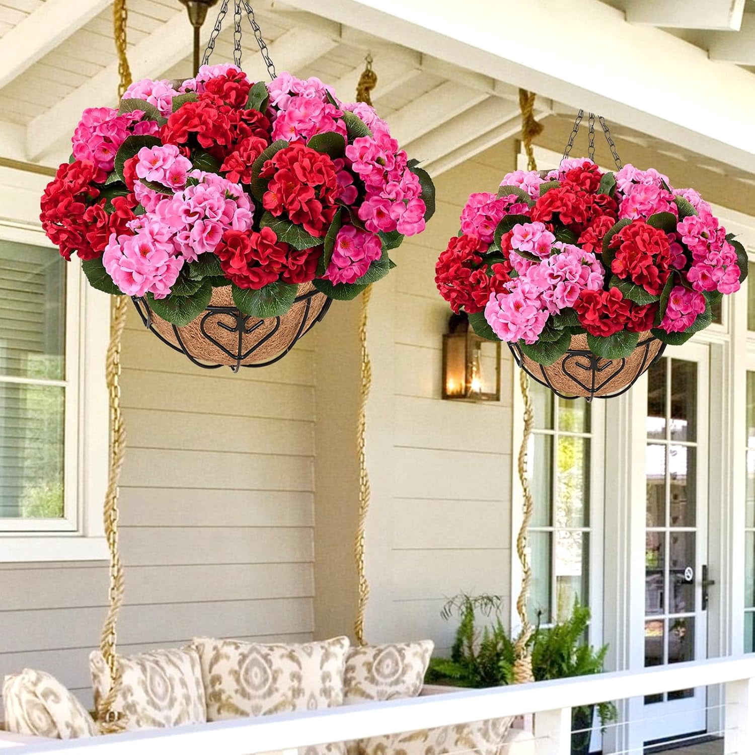 Waipfaru 2 Pack Artificial Geraniums Hanging Basket,UV Resistant Faux Silk Flowers for Outdoors,Realistic Fake Hanging Plants for Home Garden Decor