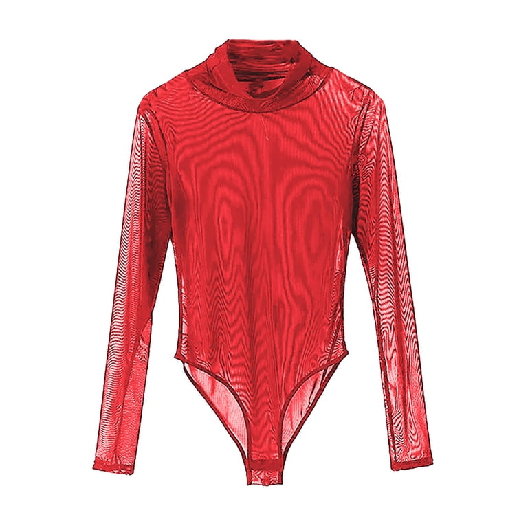 Women's Sheer Mesh Mock Neck Bodysuit – Long Sleeve, Fitted Shapewear Top, Stretchy For Casual & Night Out
