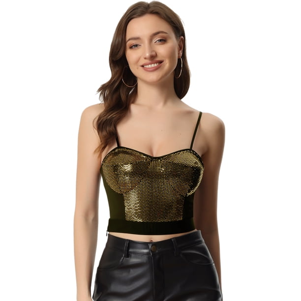 Top corto con lentejuelas para mujer con tirantes finos y escote en V profundo Oro XS