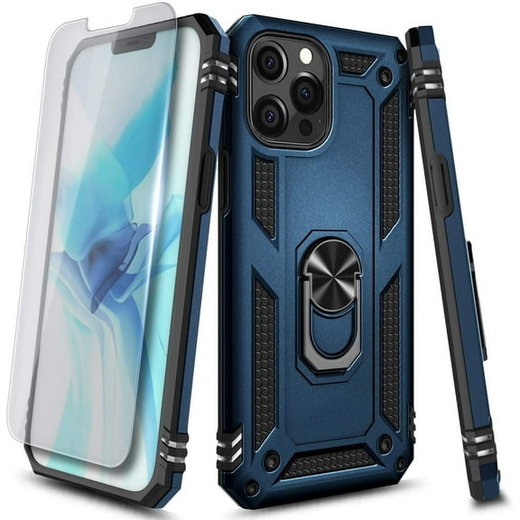 For iPhone 12 / 12 Pro Case with Tempered Glass Screen Protector, Nagebee Military Armor [Magnetic Ring Holder & Kickstand] Shockproof Protective Cover (Navy Blue)