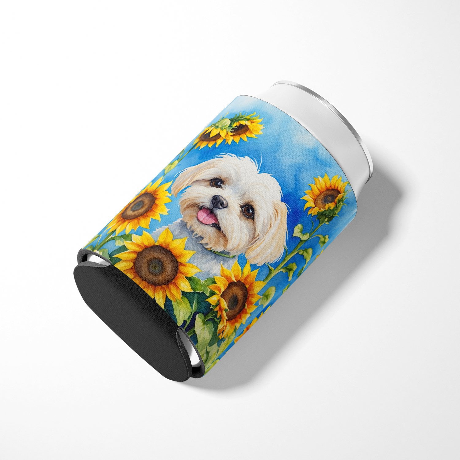 Maltese in Sunflowers Can or Bottle Hugger 3 in x 5 in