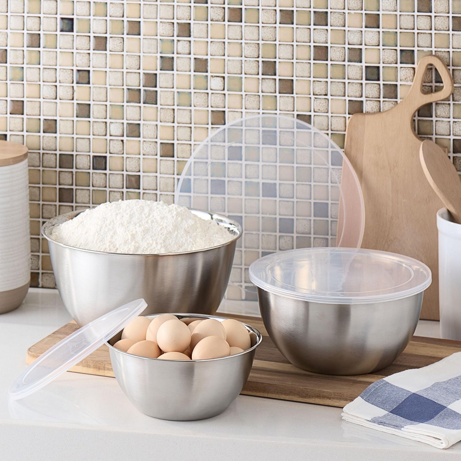 Mainstays 6-Piece Brushed Stainless Steel Mixing and Storage Bowl Set with Lids, MS 6P SS MIX BOWLS