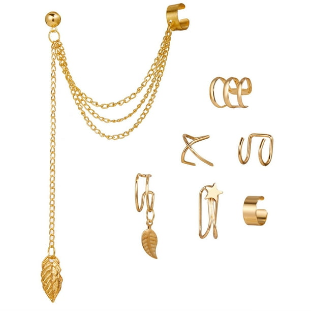 Fiudx Juego de Pendientes de Aleación con Forma de U para Cartílago, 5 Piezas, con Diseño de Estrella y Hoja, Ajustables, Sin Necesidad de Perforaciones, Joyería para Mujer, Accesorios de Moda.