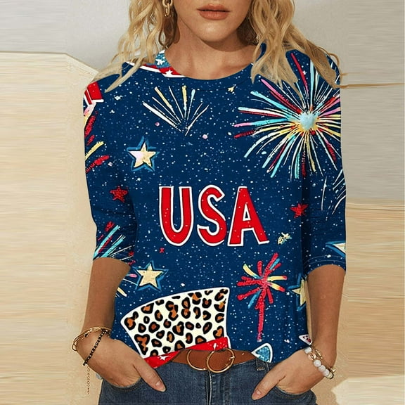 Cavosen Independence Day Shirts Women Petite Patriotic 3/4 Sleeve Crew Neck Tops American Flag Print T Shirts Lady XL Independence Day Casual Shirts 4th of July Tunic Tees 2025 Patriotic Outfits