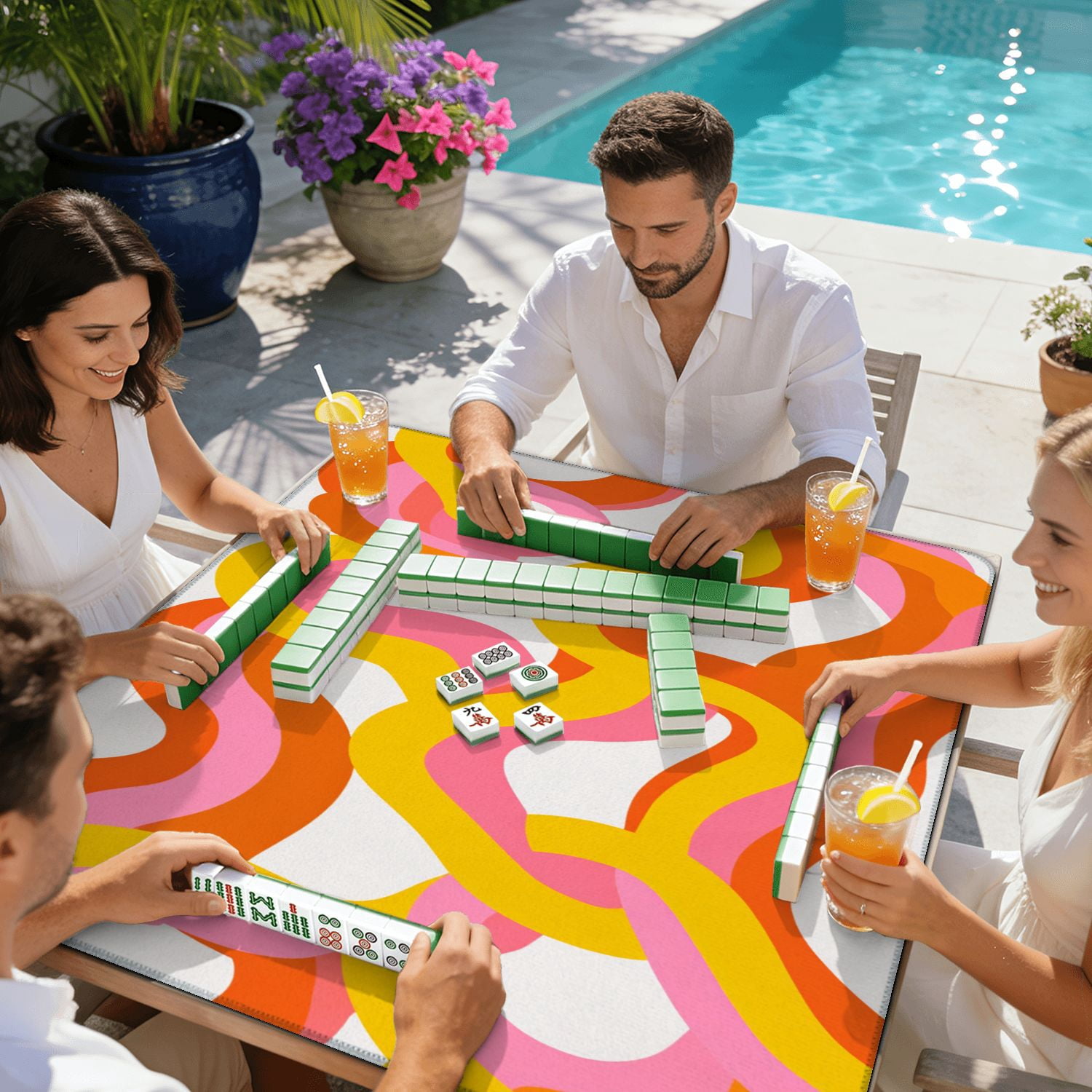 Mahjong Mat 31.5" x 31.5" Retro 60s style rainbow seamless pastel color stripes Non-Slip Noise Reduction American Mahjong Tiles Table Cover for Dominoes Poker Card Board Games Gift