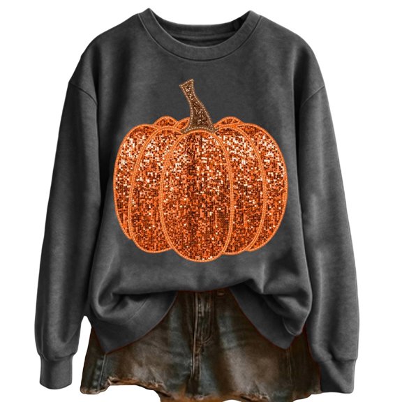 XINPING Womens Fall Sweatshirt Sequin Pumpkin Graphic Pullover Crewneck Top Shirt Oversized Long Sleeve for Halloween Autumn Cozy Soft Warm Loose Fit Daily Wear Outfit