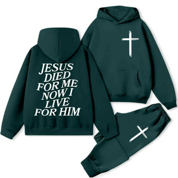 Womens Sweatsuits Sets Two Piece Jesus Letter Print Christian Long Sleeve Hooded Sweatshirt and Sweatpants Fall Winter Casual Matching Set Tracksuit