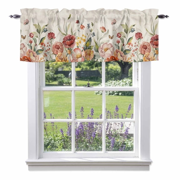 Pink Red Flower Valances for Windows, Wildflower Leaf Butterfly Valance Window Treatment Rod Pocket Short Curtains Valances for Kitchen Bathroom 60"W x 14"L