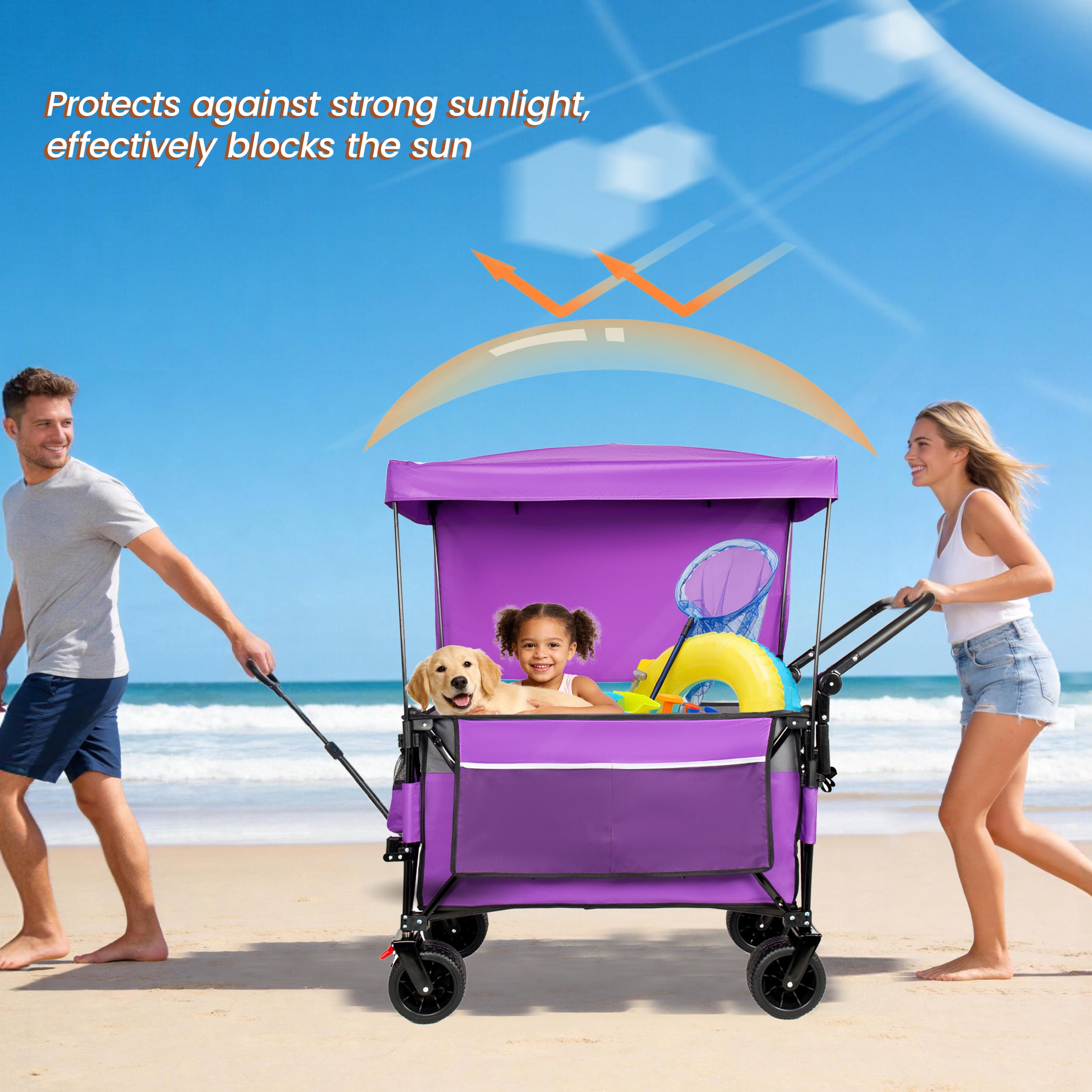Multi-Functional Push-Pull Folding Wagon Cart Purple, Rotating Handle & Canopy, 7''x4'' Wheels with Brakes, 480lbs 300L for Outdoor, Groceries, Transport