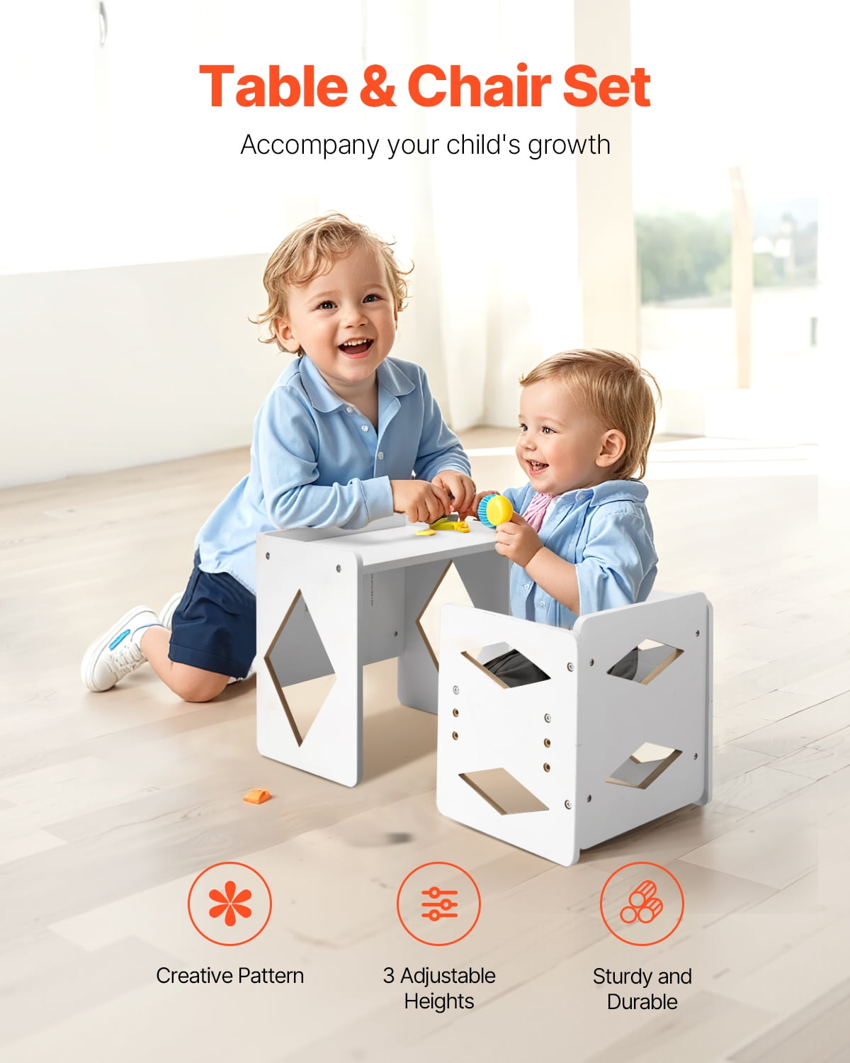 VEVOR Montessori Weaning Table and Chair Set, Wooden Toddler Table and Chair Set for Aged 1-5, Adjustable Height Kids Montessori Chair and Activity Table, Ideal for Reading, Eating, Playing - White