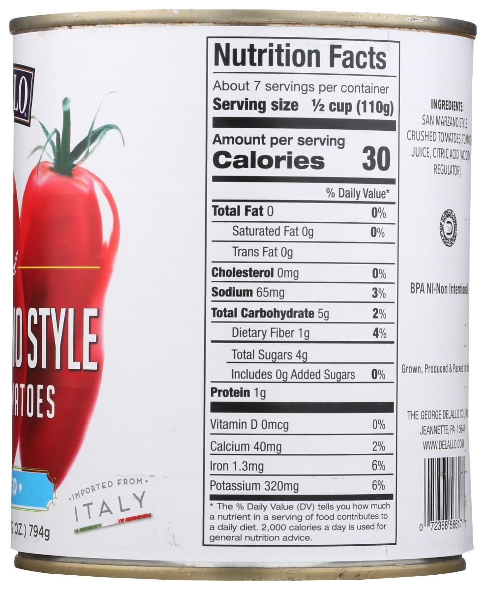 Delallo San Marzano Style Italian Crushed Tomatoes, 28 oz Pack Of 12