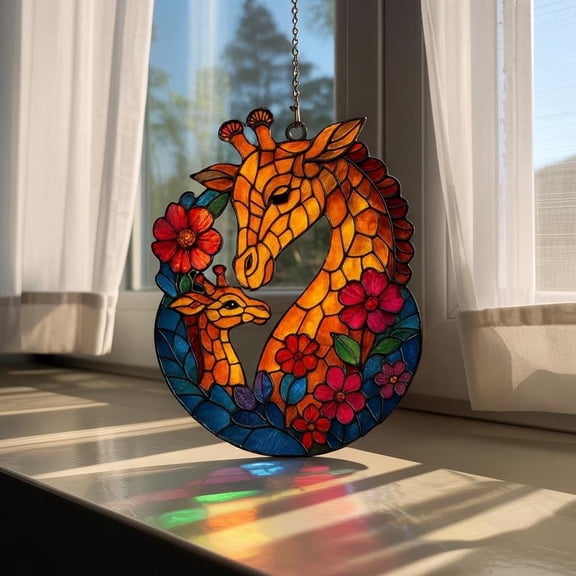 Giraffe Acrylic Suncatcher Mom & Baby Giraffe Stained-Glass Style Window Hanging, Jungle Safari Ornament, Christmas Hanging