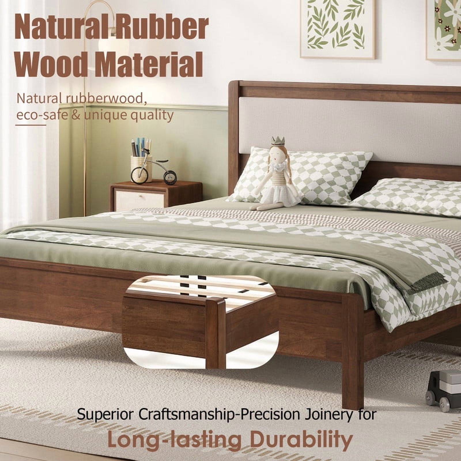 Queen Size Wooden Bed Frame with Upholstered Headboard, Low Profile Platform Bed with Central Support Legs