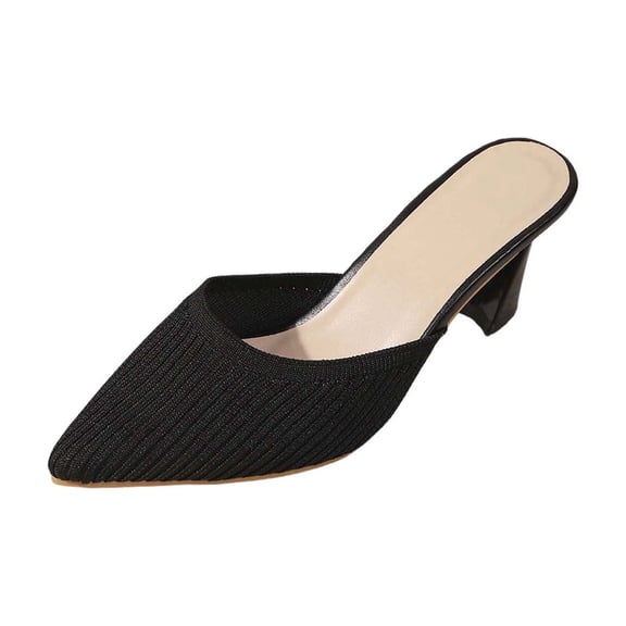 HomeDM Women's Stiletto Heels Slip-On Mules Closed Pointy Toe Mesh Knit Backless Dress Slides Sandals Summer Party Pumps, Black Size 7