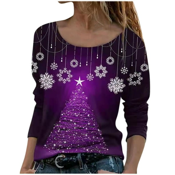 Camisas Navideñas Para Mujer, Camisas Informales Florales de Manga Larga, Jersey de Cuello Redondo Liso, Túnica Holgada, Tops, Blusa de Manga Larga Con Estampado de Árbol de Navidad Odeerbi ODB121221