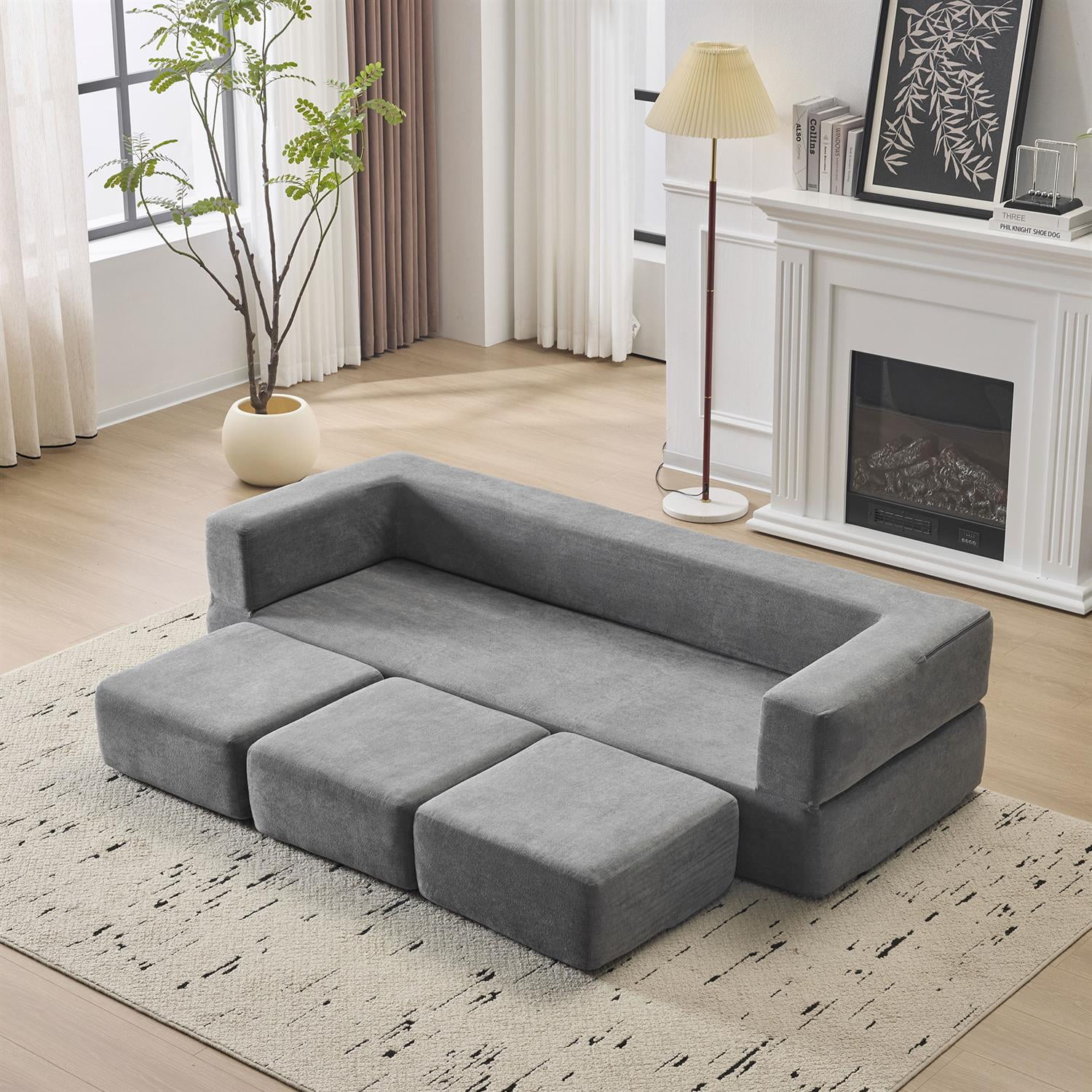 Demi Bonn Convertible Sectional Sofa with 3 Storage Ottomans, Space-Saving Chenille Couch, High-Resilience Foam for Studio Apartments & Home Offices, Gray