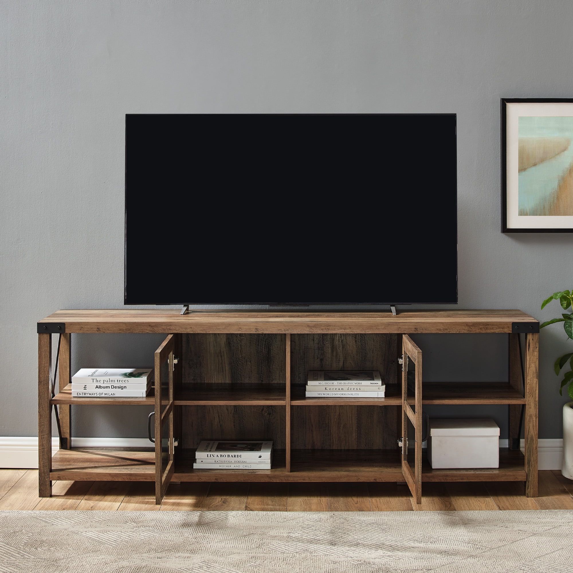 Walker Edison Farmhouse 2 Door Metal X TV Stand for TVs up to 80", Reclaimed Barnwood