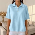thumbnail image 4 of Women's Waffle Knit Short Sleeve Button Down Collared Polo Shirt Casual Loose Fit Tops for Spring Light Blue 2XL, 4 of 5