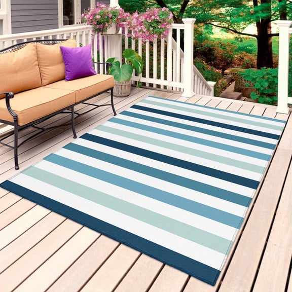 Teal Blue Stripe Outdoor Rug for Patio/Deck/Porch, Non-Slip Large Area Rug 4 x 6 Ft, Ombre Geometric Aqua Vertical Striped Indoor Outdoor Rugs Washable Area Rugs, Reversible Camping Rug Carpet Runner