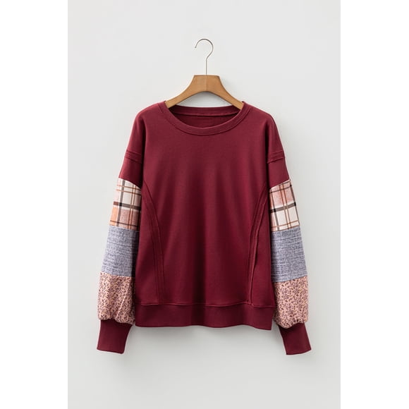 I AM A FASHION JUNKY Red Sandalwood Plaid Colorblock Patchwork Sleeve Raw Seam Sweatshirt (RedSandalwood, XL, 65%Polyester+35%Cotton)