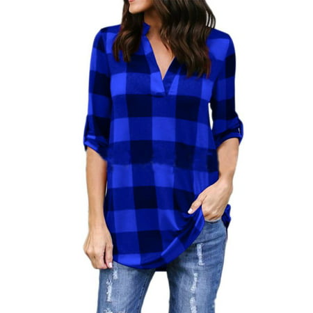 Womens 3/4 Roll Sleeve Shirt Notch Neck Casual Loose Tops Plaid Tunic ...