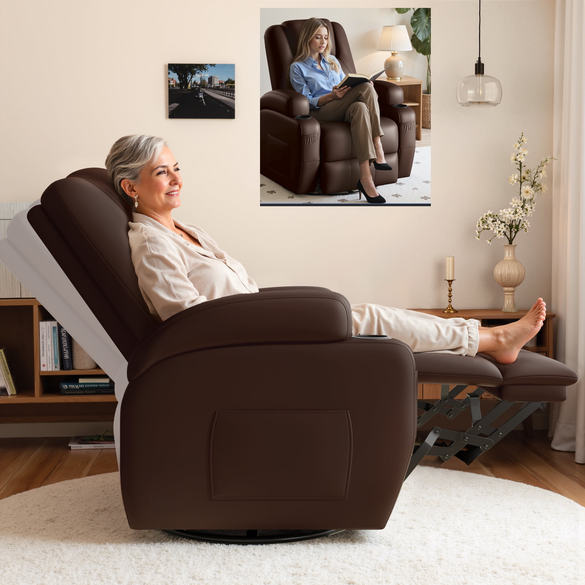 Furmax 360° Swivel Rocking Chair Power Massage Recliner With nursing Needs Oversized Furniture For Living Room,,PU Brown