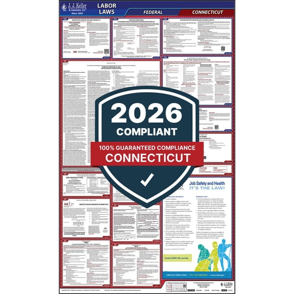 Connecticut Labor Law Poster, All-in-One OSHA Compliant CT State & Federal Laminated Poster (24" x 40" English)