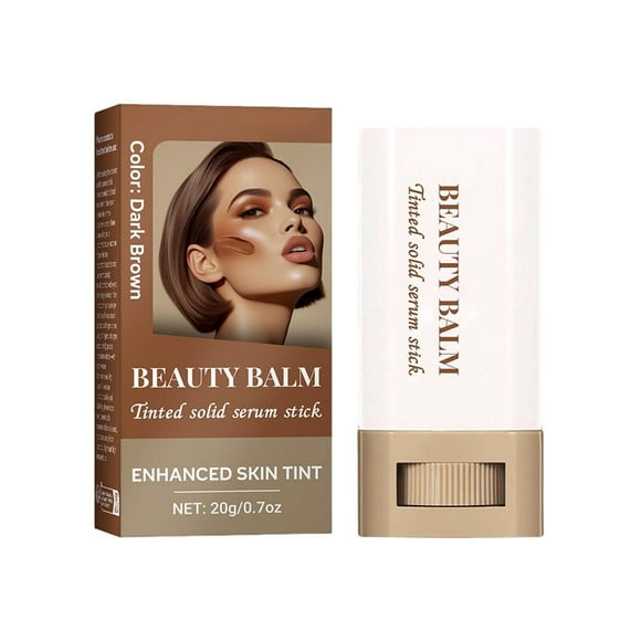 Beauty Balm Serum Boosted Skin Tint Foundation Stick, Solid Tinted Moisturizing Serum Contour Stick Foundation Face Stick for Women, Natural Finish Makeup, Dark Brown