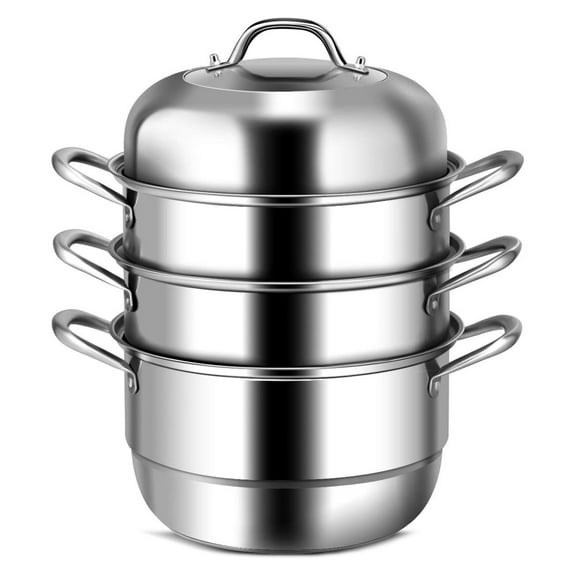 Drevy 3-Tier Steamer for Cooking, 11 Inch Stainless Steel Steamer Pot with Tempered Glass Lid, Handles on Both Sides, Includes 2 Steaming Septa, Dishwasher Safe, Ideal for Vegetable, Food, Kitchen