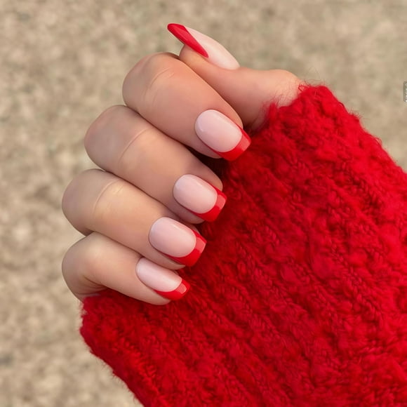 TRAHOO-30 PCS Red French Tip Press On Nails Short Square Fake Nails French Nails Press ons Square Acrylic Nails Glue on Nails Natural Short Square Nails False Nails for Women in 15 Sizes